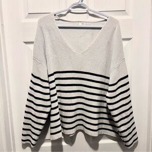 Mango Sweater Pull XXL Women White Black stripped V-Neck Long Sleeve
